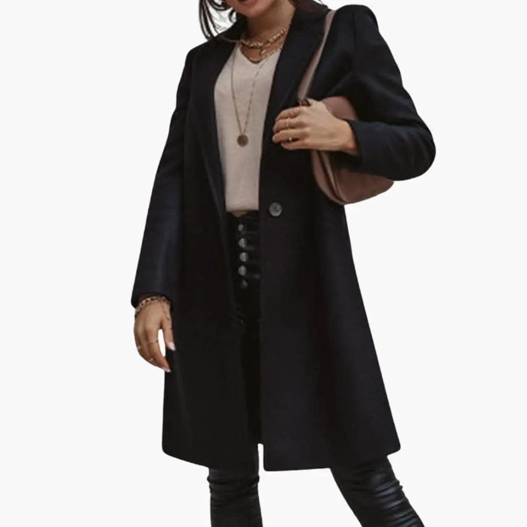 Women's long black coat with collar and button-front closure by Wilfred Smith