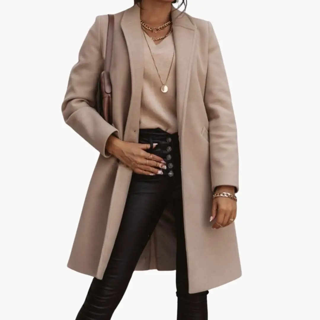Women's long beige overcoat with collar by Wilfred Smith