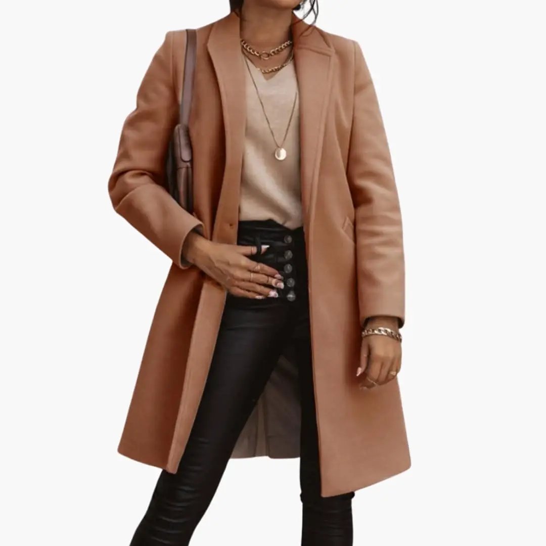 Women's long camel coat with collar and buttons by Wilfred Smith