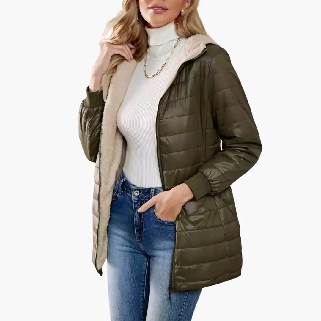 Women's olive green hooded puffer coat with zipper and beige fleece lining by Wilfred Smith