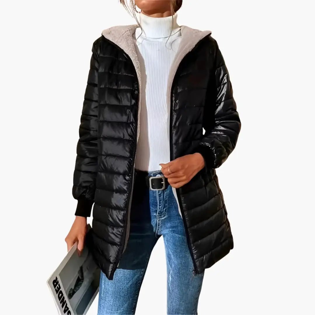 Women's black puffer coat with zip front and beige fleece-lined hood, mid-length