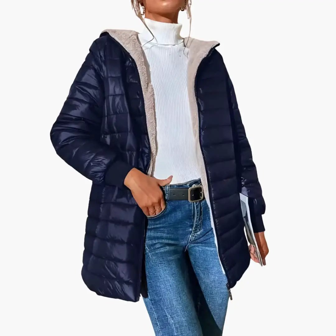 Women's navy quilted puffer coat with zip front and sherpa-lined hood