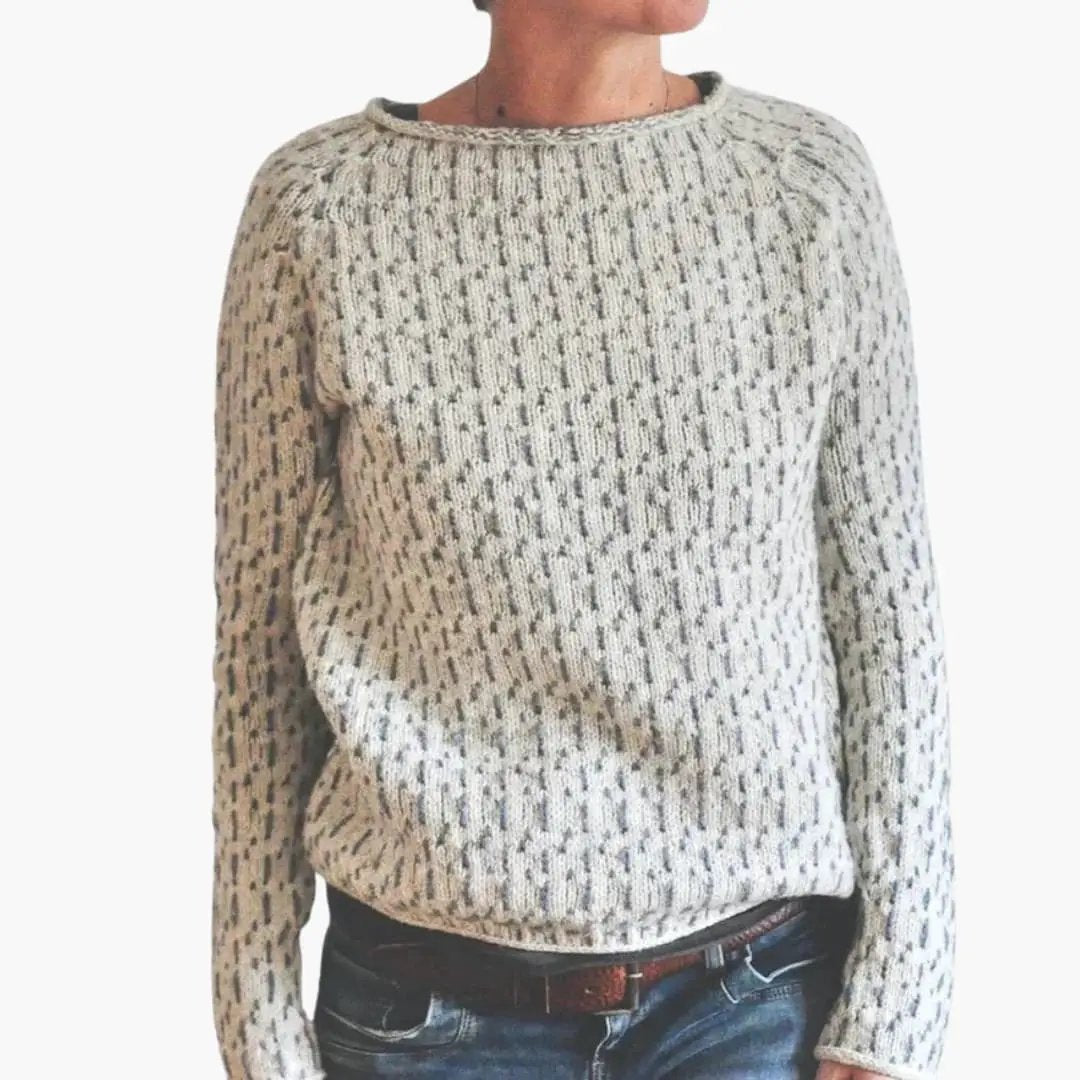 Women's round-neck knit sweater in light gray with speckled pattern