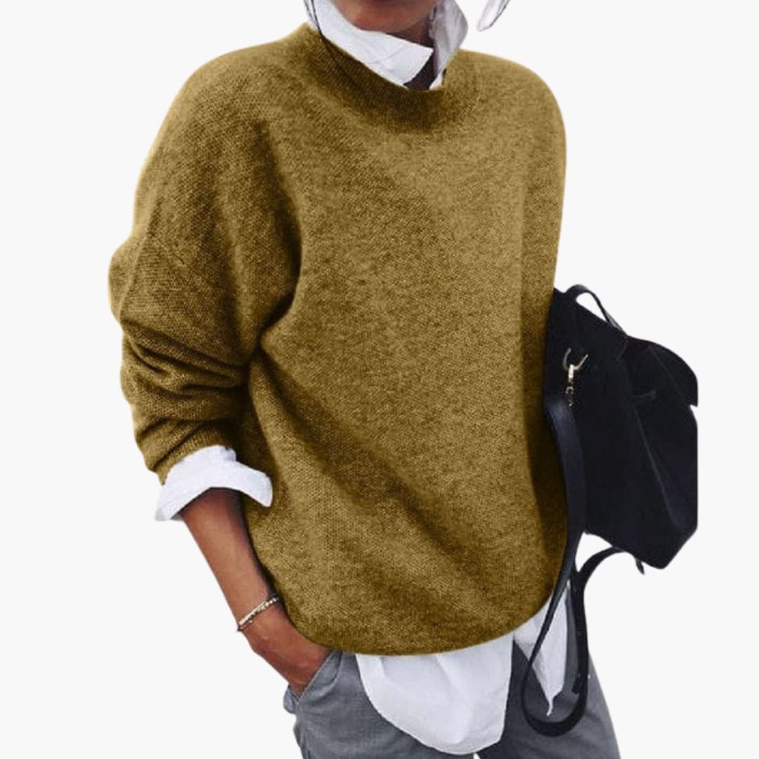 Women's mustard knit round-neck sweater with long sleeves