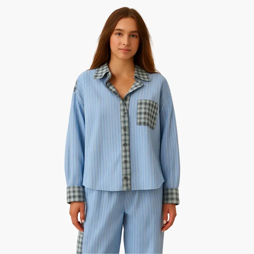Women's pajama set with blue striped shirt and plaid accents, two-piece by Wilfred Smith