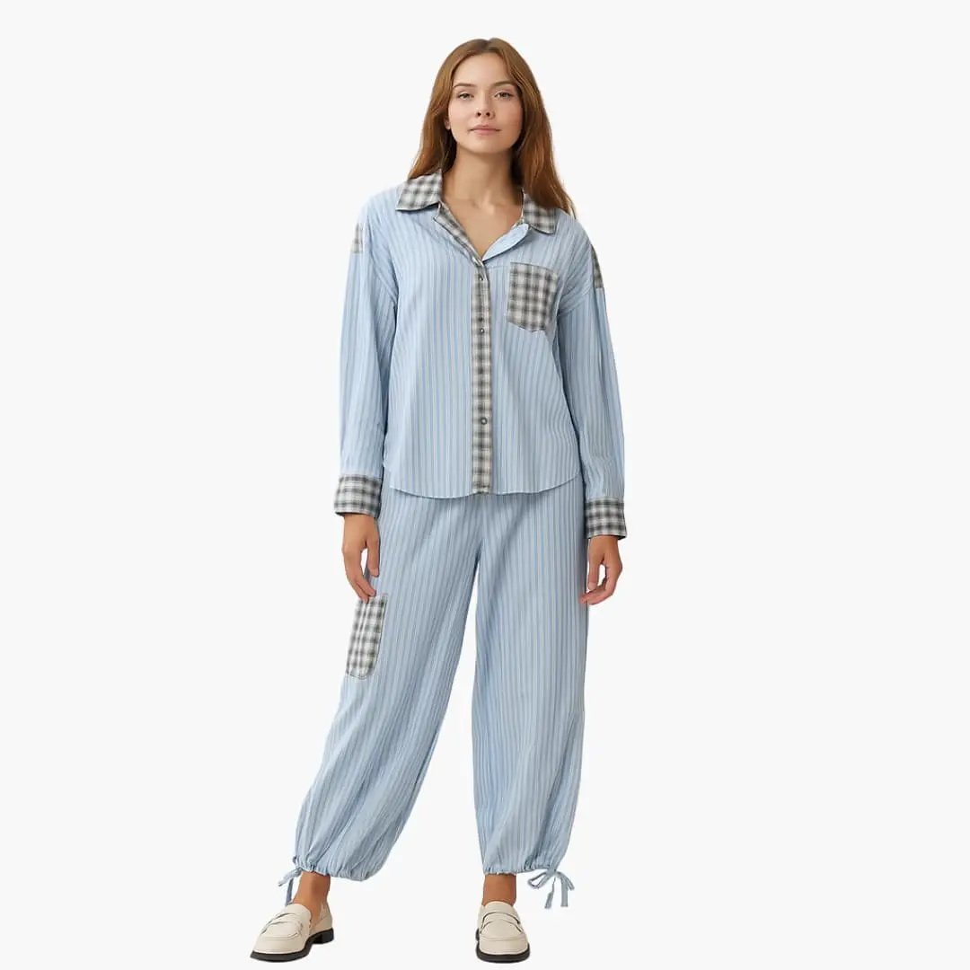 Women's Pajama Set with Striped Shirt by Wilfred Smith, light-blue striped two-piece with plaid pockets.