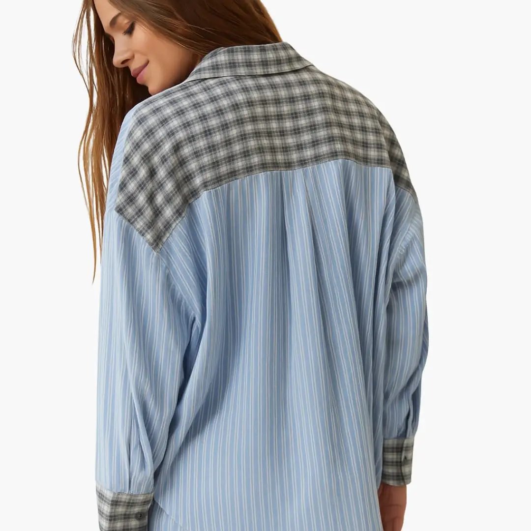 Women's Pajama Set by Wilfred Smith: two-piece blue striped pajamas with gray plaid yoke