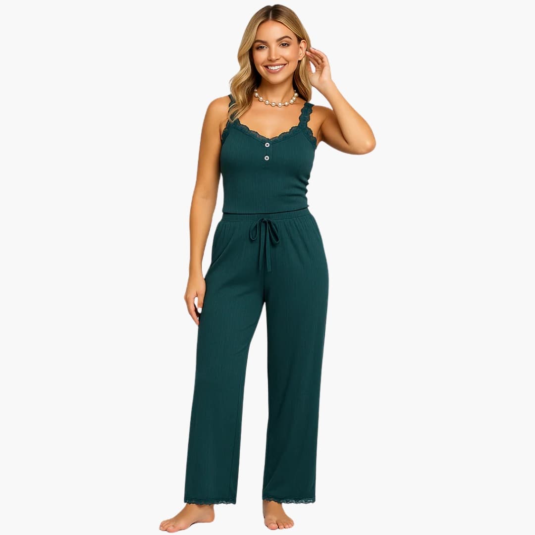 Women's teal lace-trim sleeveless pajama top with drawstring pants, two-piece set
