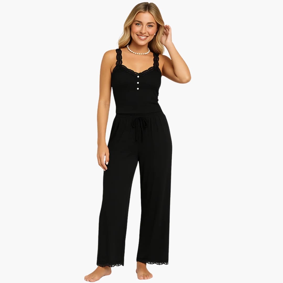Women's Pajama Set with lace-trim top and drawstring pants in black.