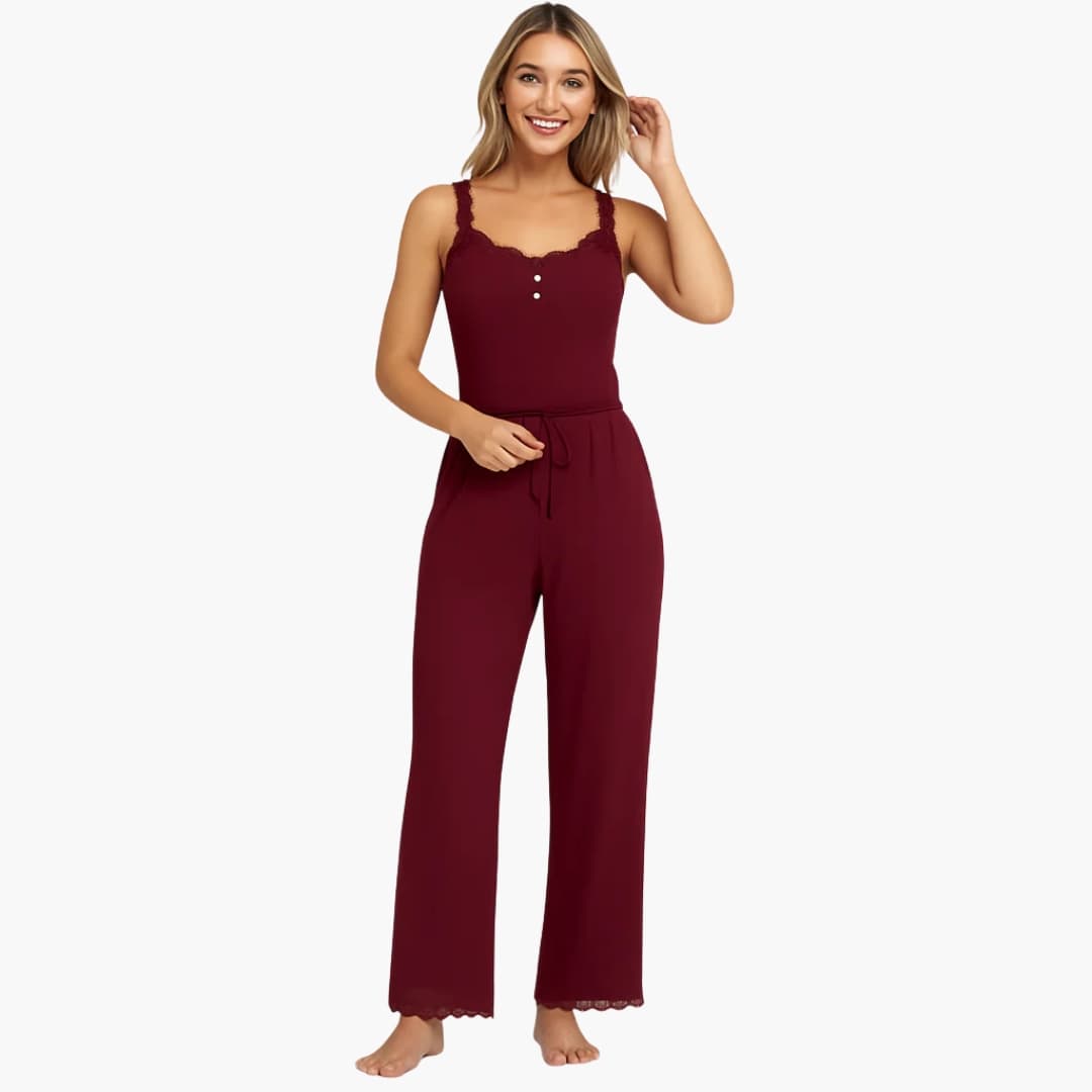 Women's Pajama Set with Lace Trim and Drawstring Pants in burgundy by Wilfred Smith