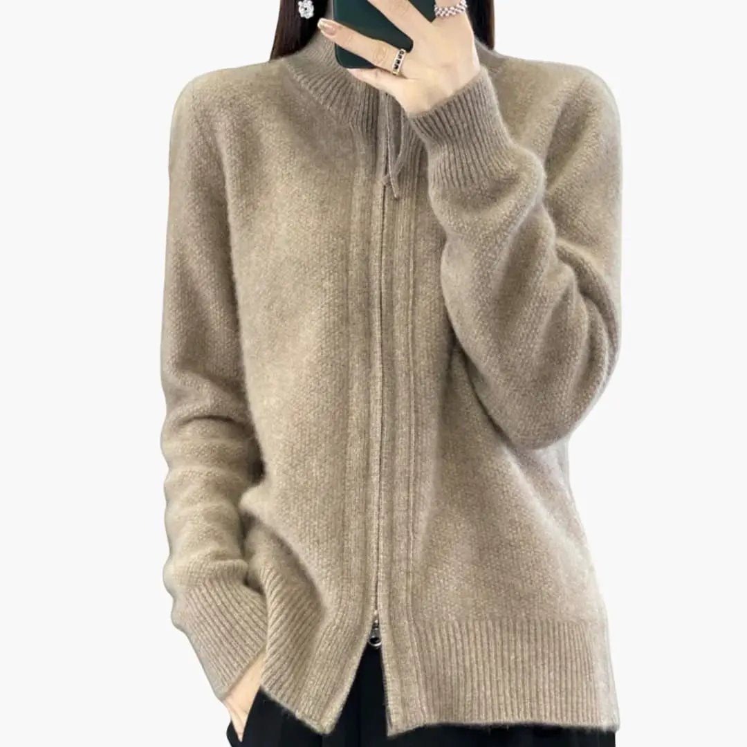 Women's Cardigan with Zipper, beige knit fabric, high collar.