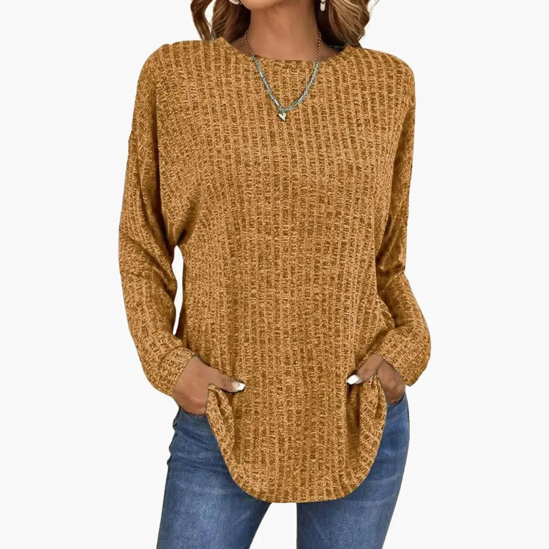 Women's Knit Sweater with Ribbed Surface in mustard brown with side pockets, Wilfred Smith