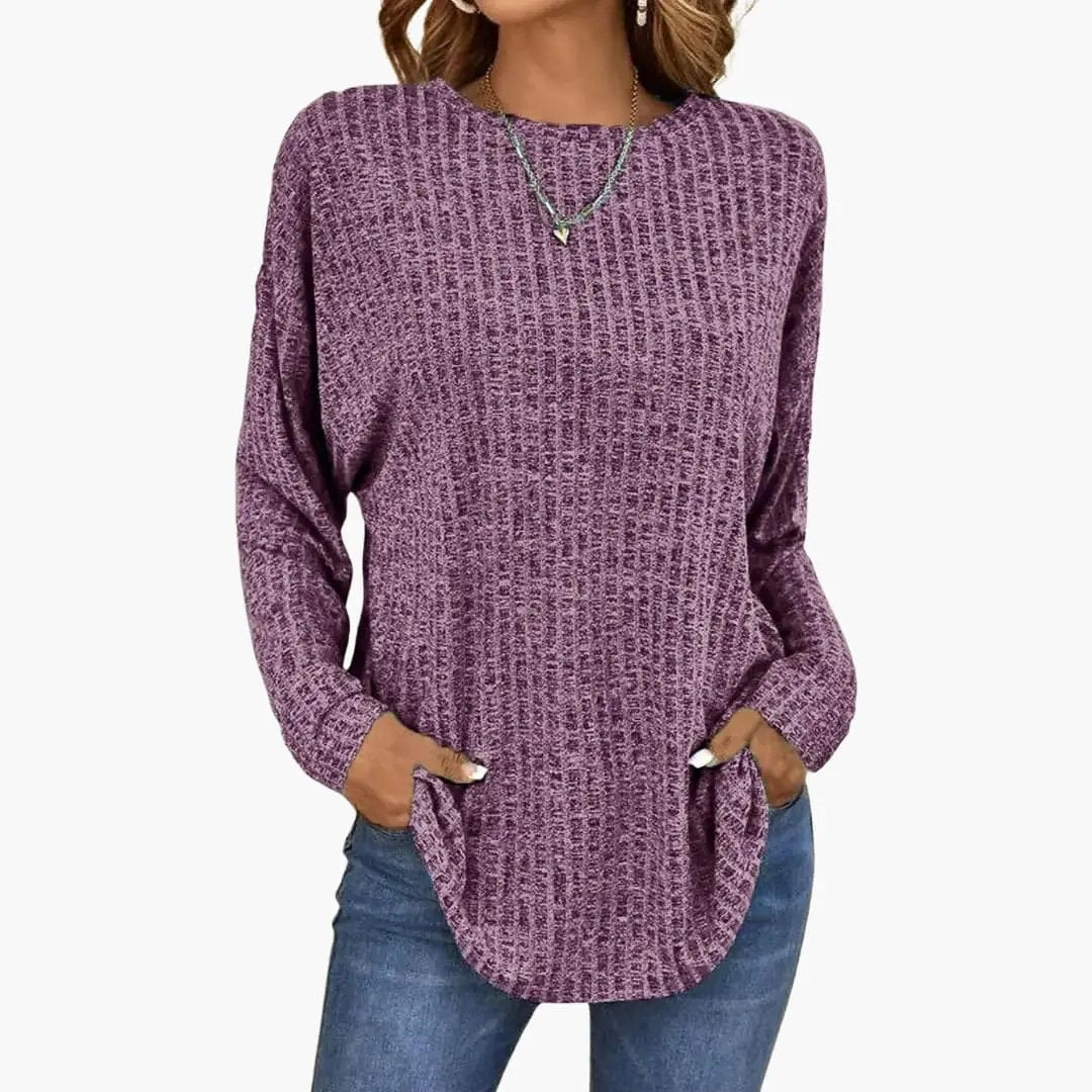 Women's knit sweater with ribbed texture in purple, round-neck pullover.