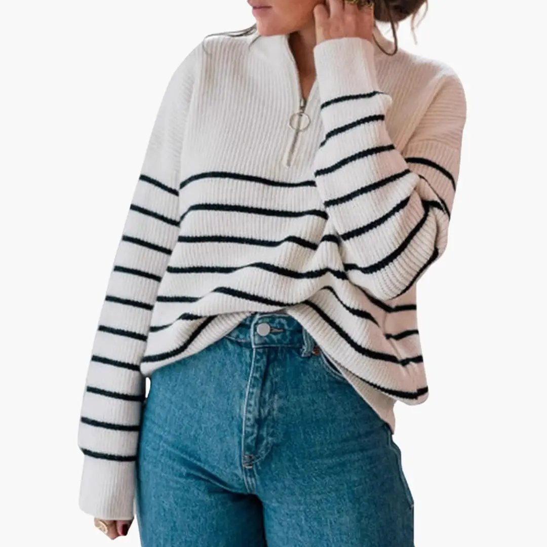 Women's knit sweater with half-zip in cream and navy stripes