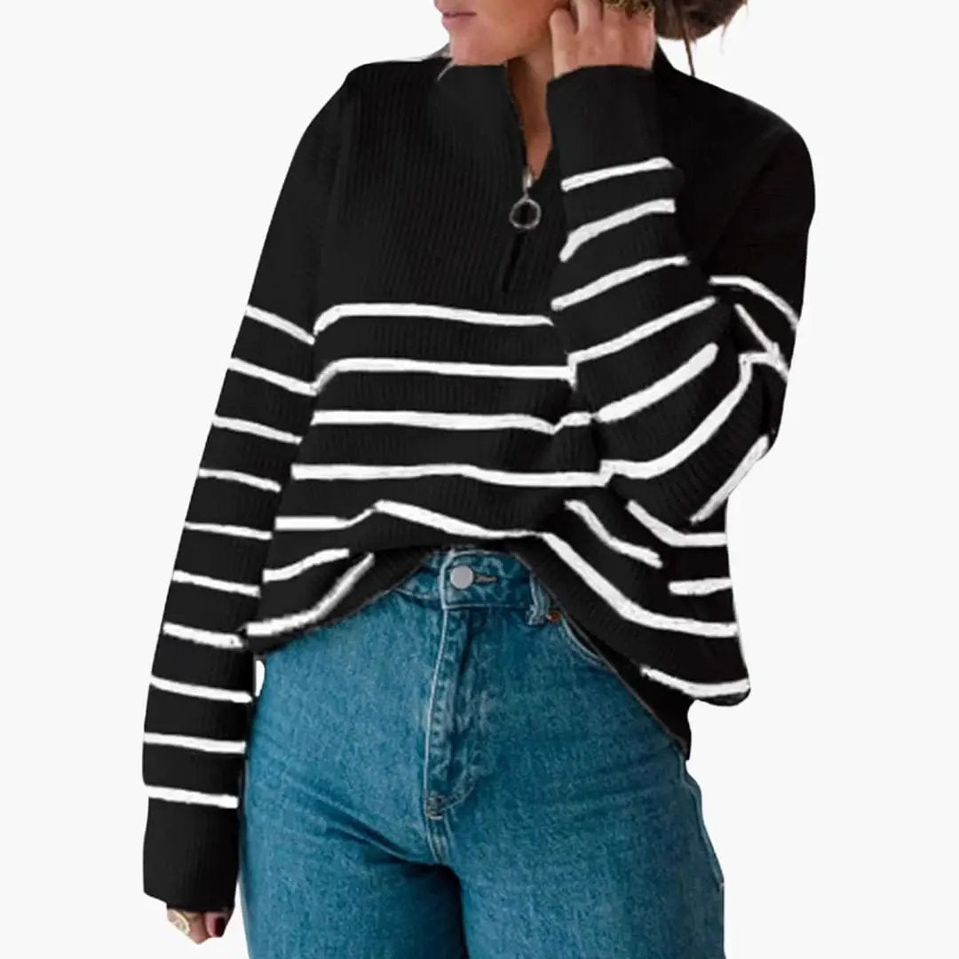 Women's knit sweater with half-zip and black-and-white striped pattern by Wilfred Smith