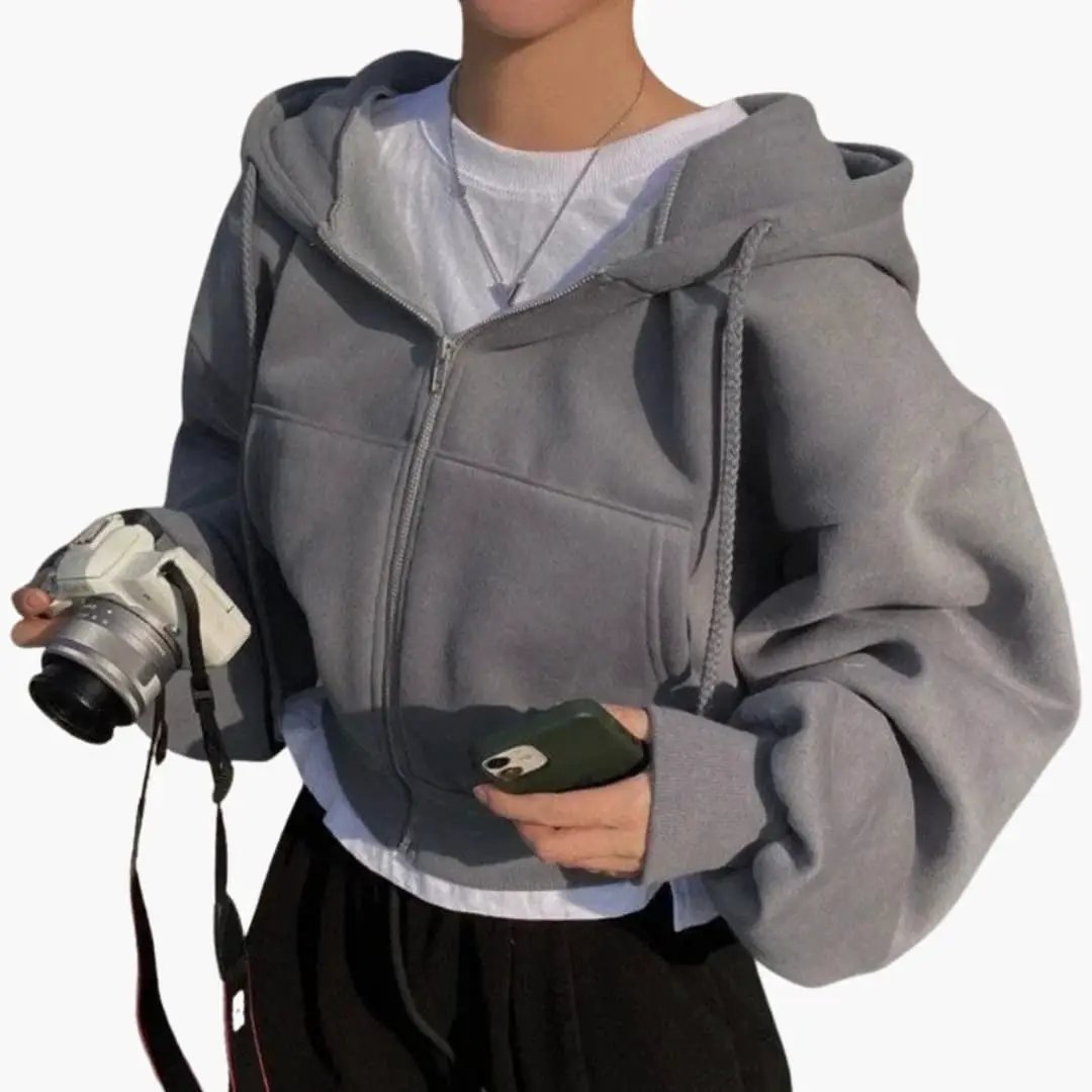 Women's cropped gray zip-up hoodie sweatshirt by Wilfred Smith