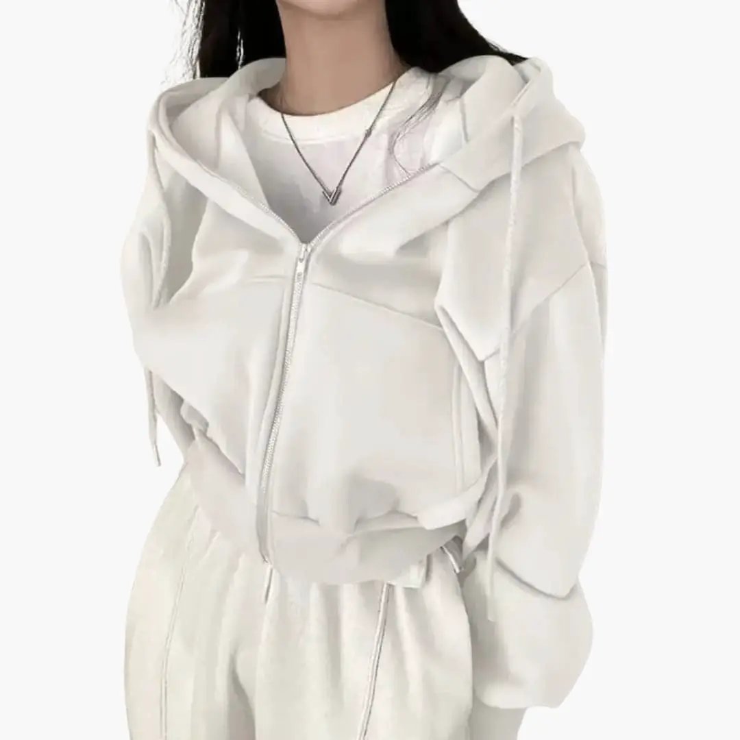 Women's cropped white zip hoodie sweatshirt by Wilfred Smith, hooded casual top