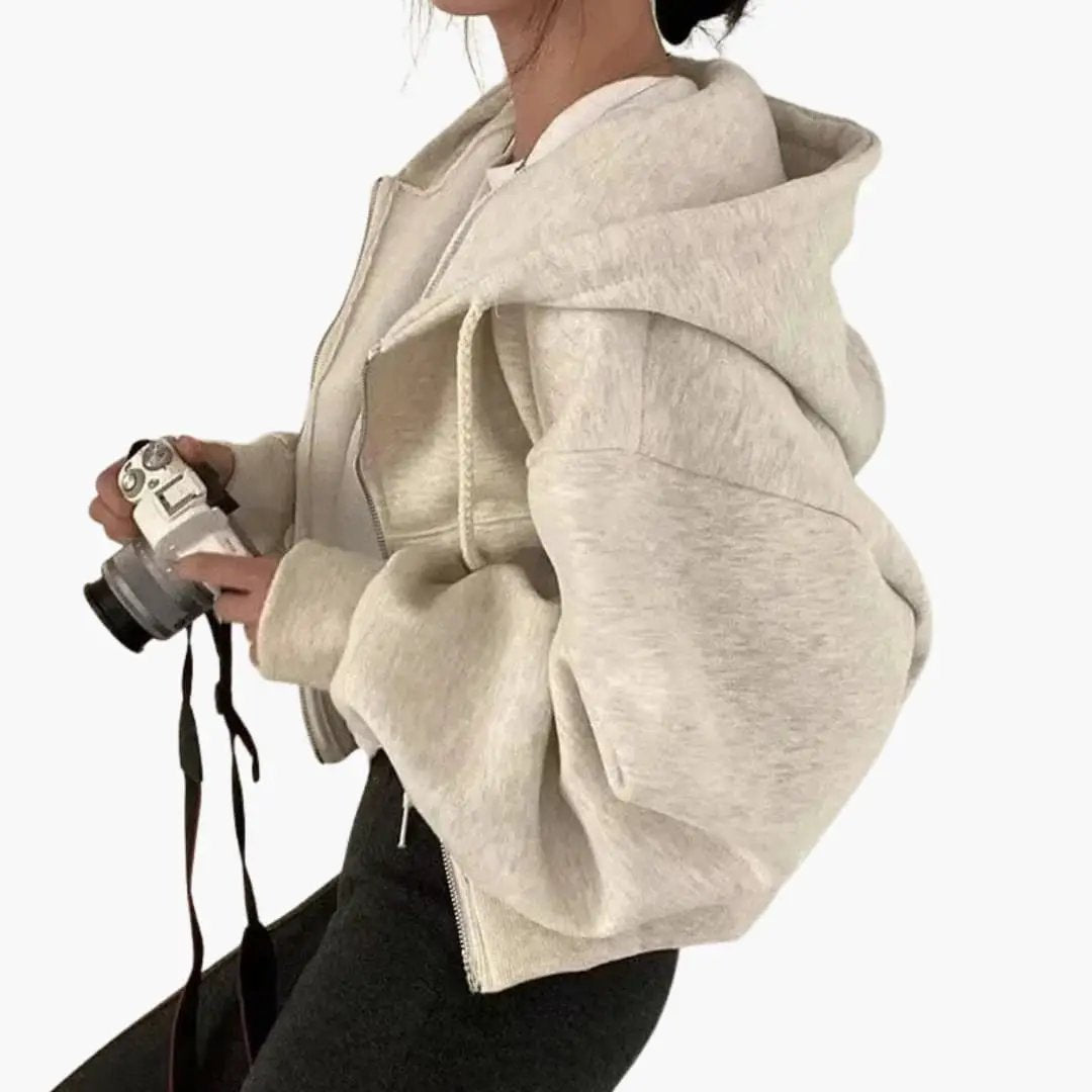 Women's cropped zip hoodie sweatshirt by Wilfred Smith in light beige
