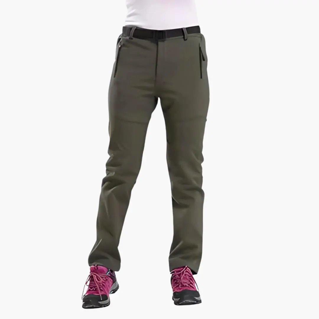 Women's hiking pants with straight leg in olive green by Wilfred Smith, activewear pants.