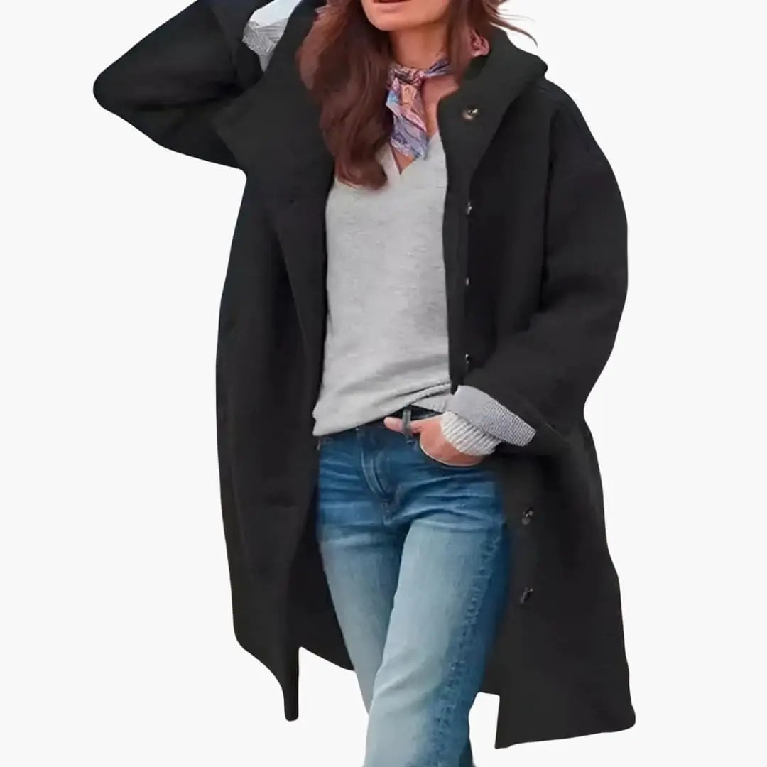 Women's long black winter coat with buttons and pockets