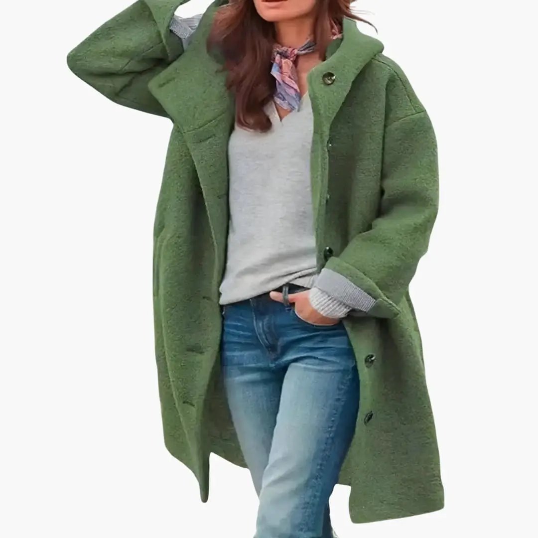Women's long green wool coat with buttons and pockets, oversized fit