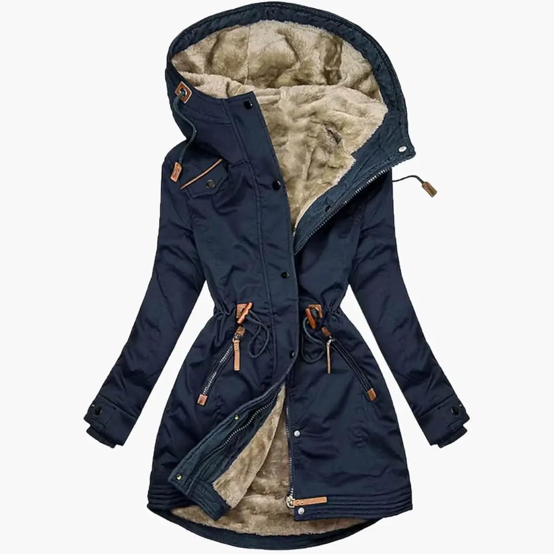 Women’s parka jacket in navy with lined hood, beige faux-fur interior, and drawstring waist; leather zipper pulls.