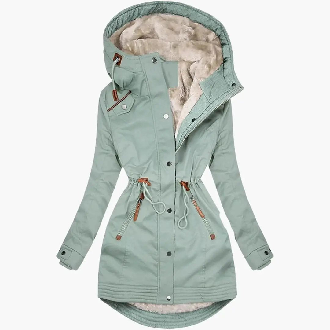 Women’s parka with lined hood and drawstring waist in sage green