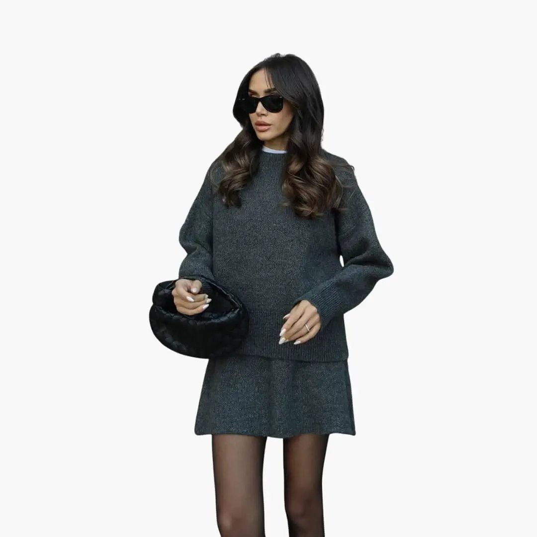Two-piece women's knit set with round-neck sweater and charcoal gray skirt