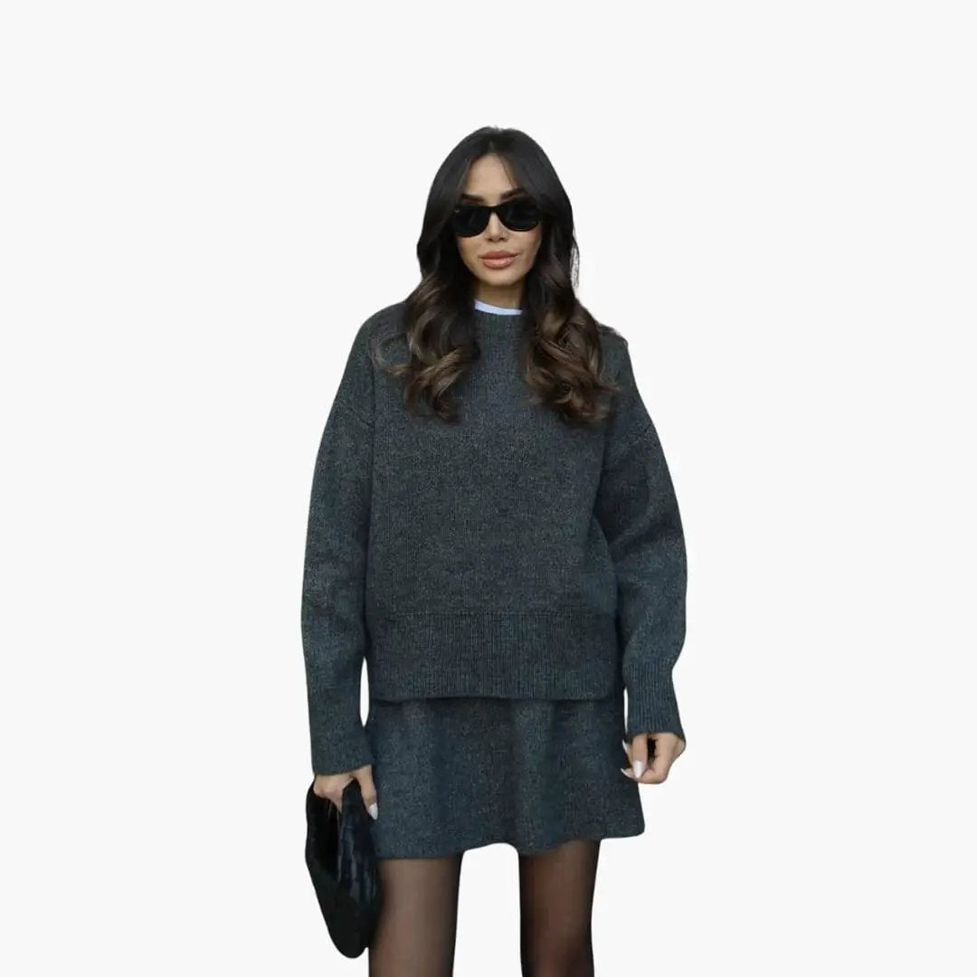 Women's two-piece knit set with a round-neck sweater in charcoal gray and a matching skirt