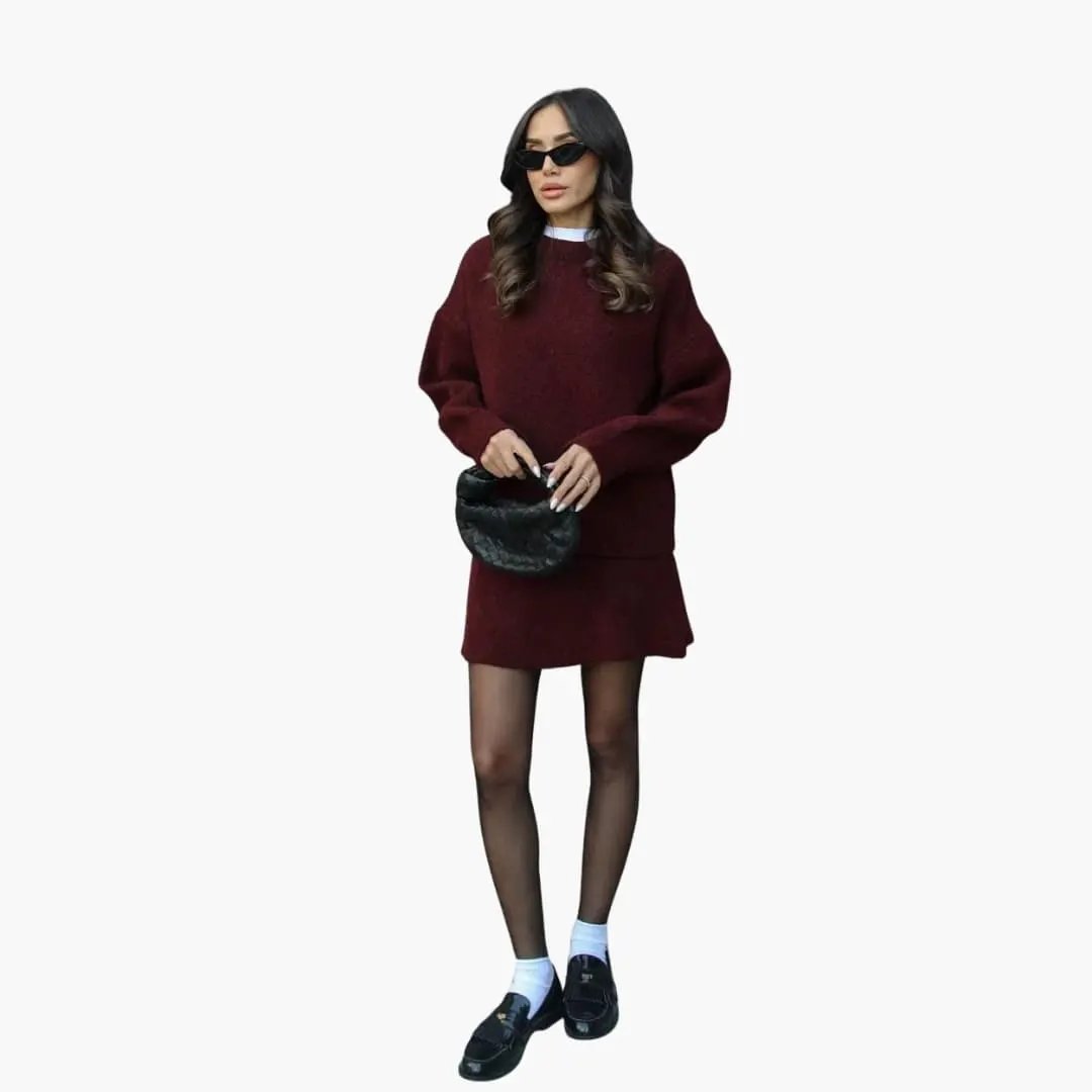 Wilfred Smith women's burgundy two-piece knit set with round-neck sweater and matching skirt
