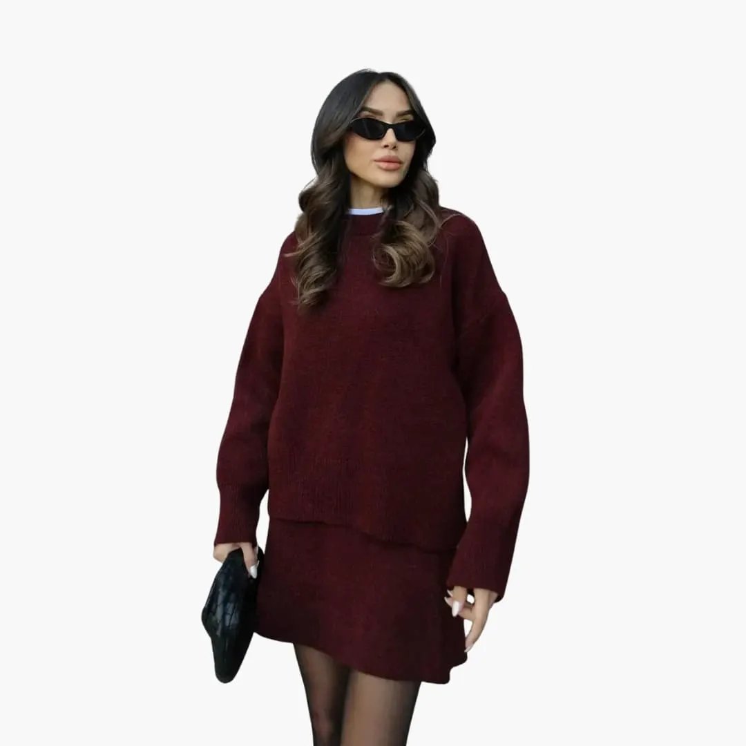 Women's burgundy knit two-piece set with round-neck sweater and matching skirt, Wilfred Smith