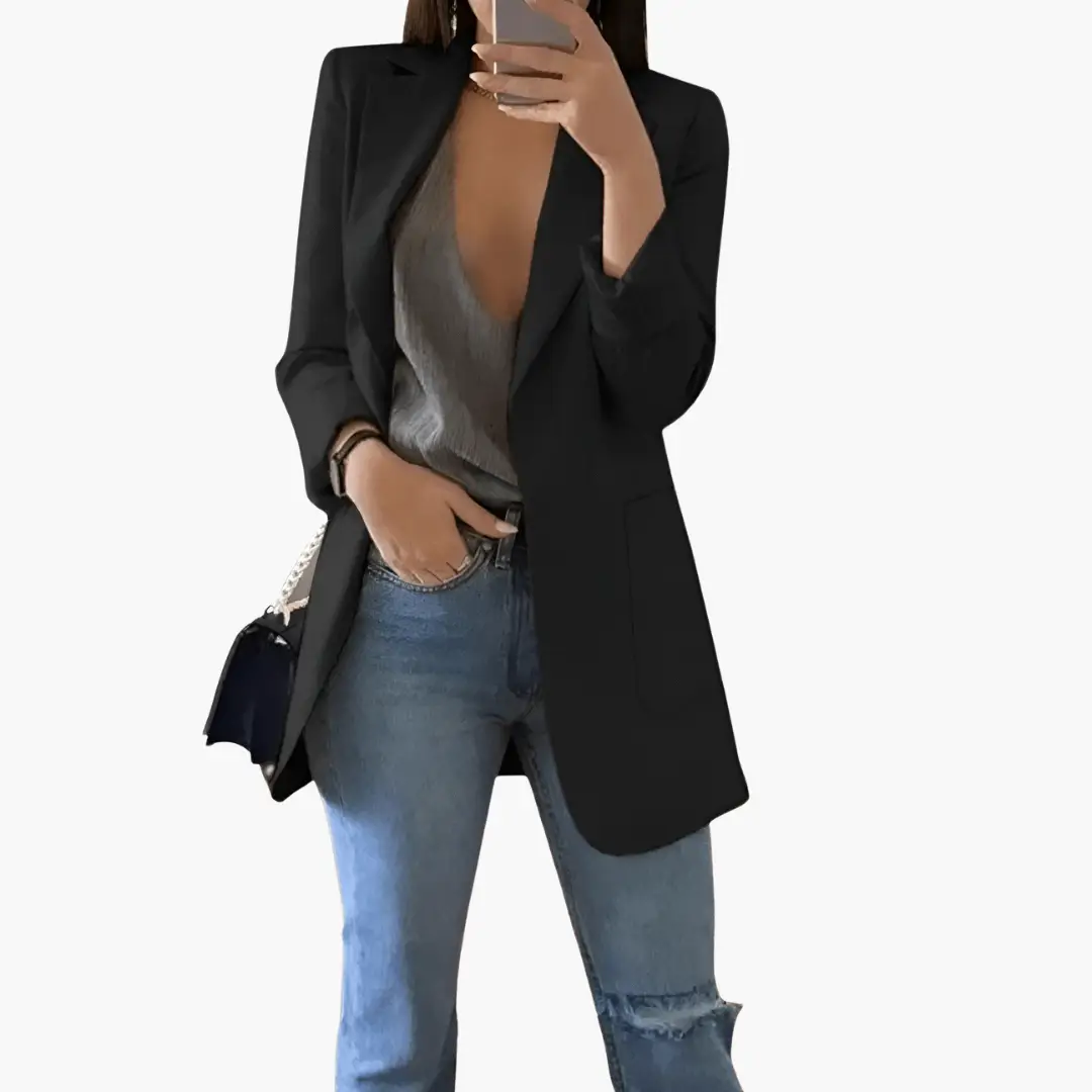 Women’s black blazer with open front and long sleeves.