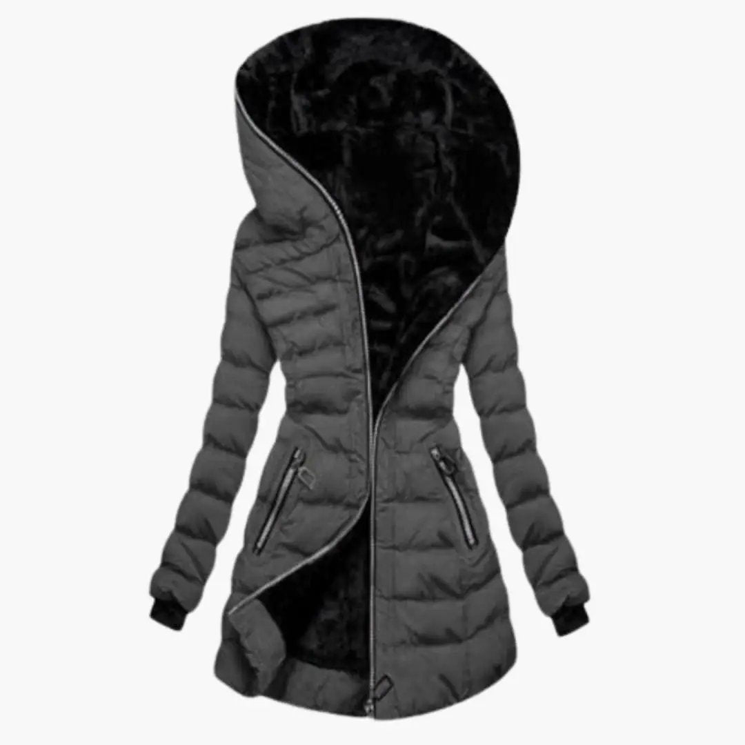 Women's puffer jacket by Wilfred Smith with asymmetrical zipper and hood, gray with black lining