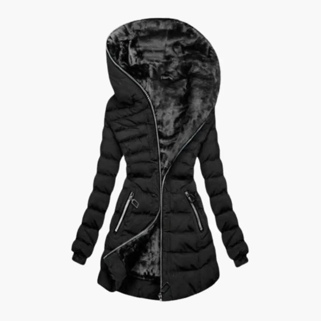 Women’s Jacket with Asymmetrical Zipper and Hood, black puffer by Wilfred Smith