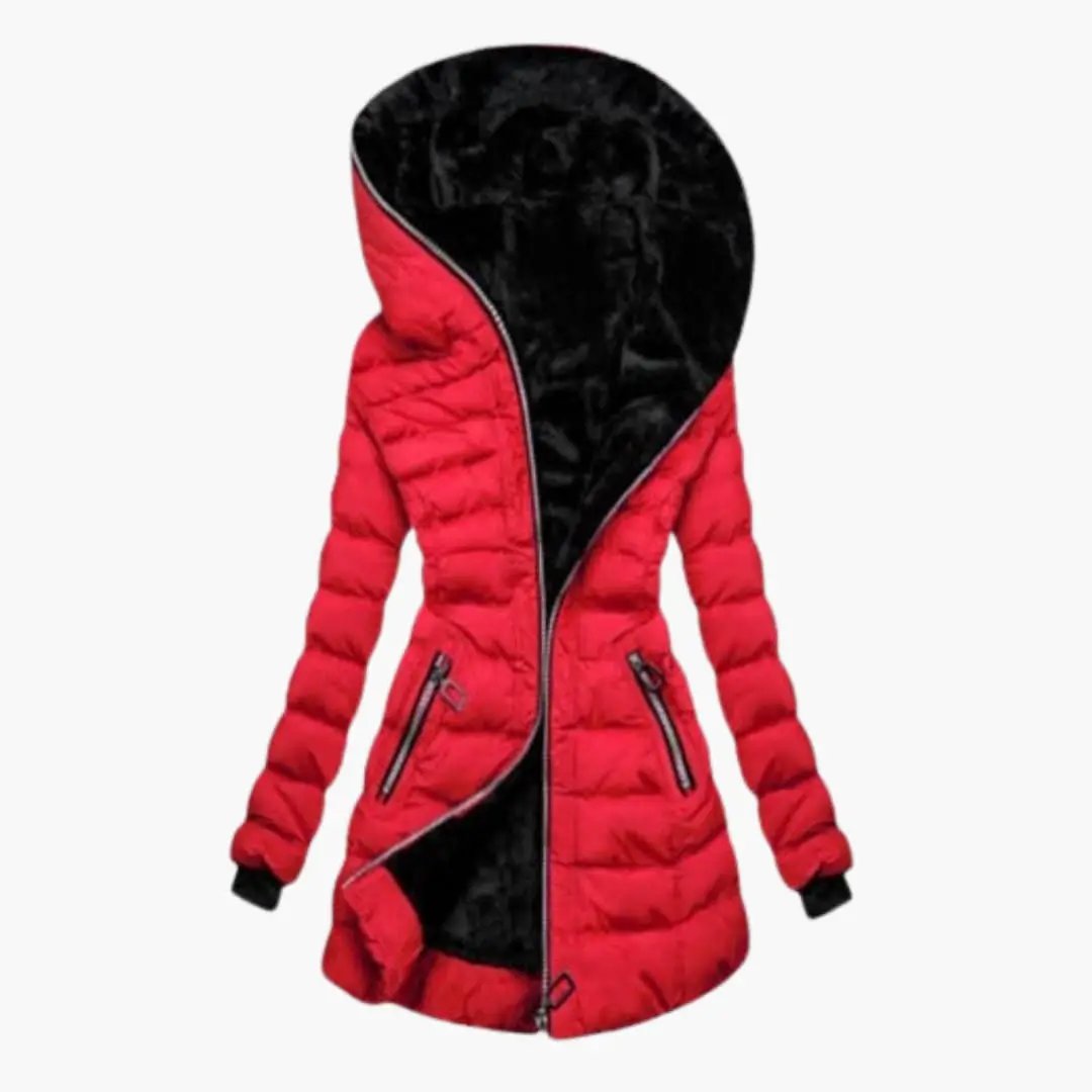 Women's red hooded puffer jacket with asymmetrical zipper and zip pockets