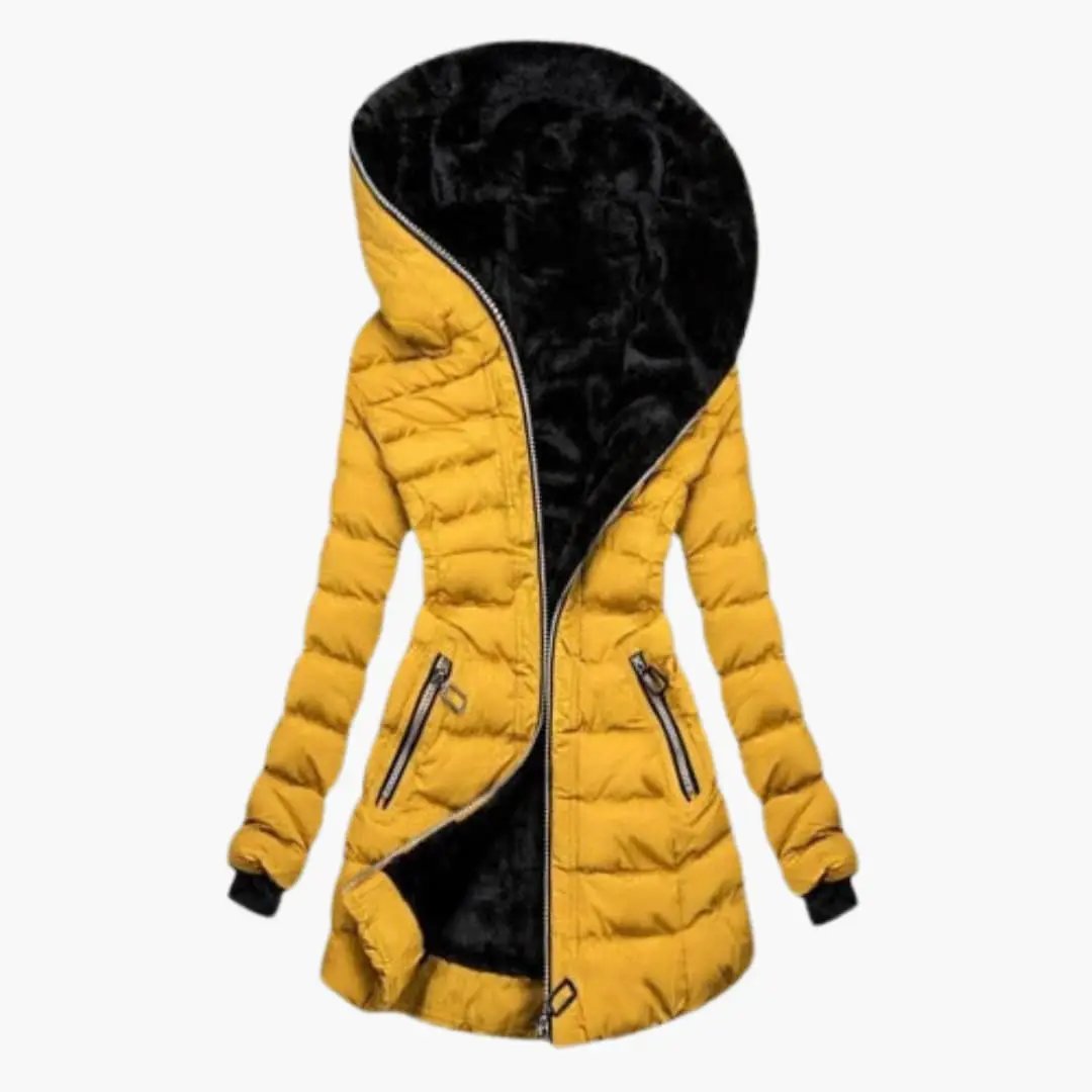 Women's puffer jacket with asymmetrical zipper and hood, yellow exterior with black plush lining