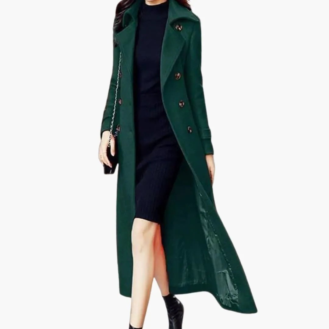 Women's long green coat with shawl collar and waist belt, overcoat silhouette