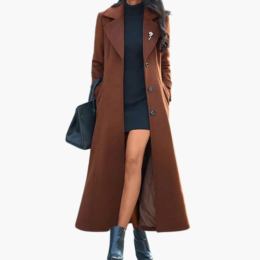 Women's long brown coat with shawl collar and waist belt, overcoat style