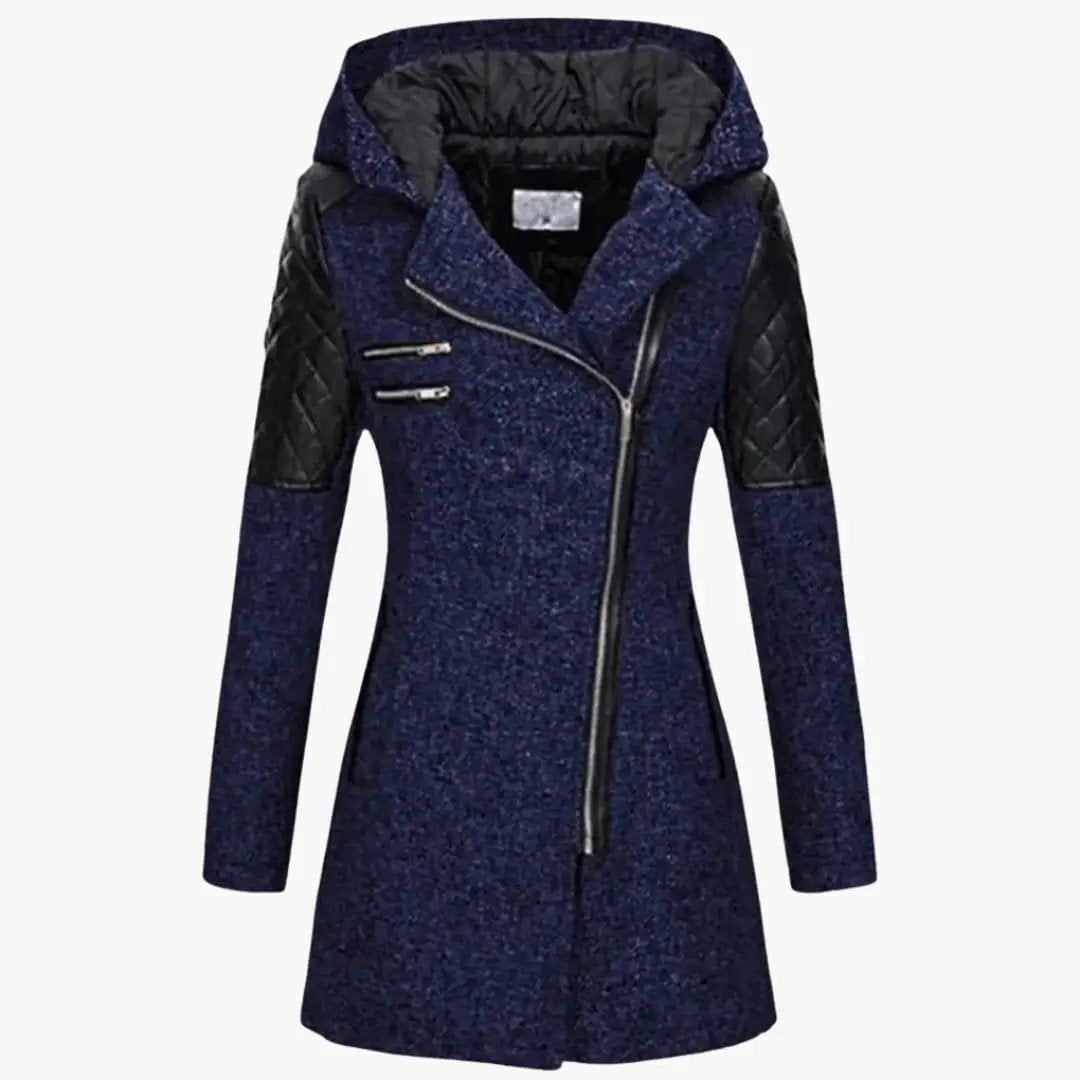 Women's long coat with hood in navy textured fabric, black quilted sleeves, and asymmetric zipper
