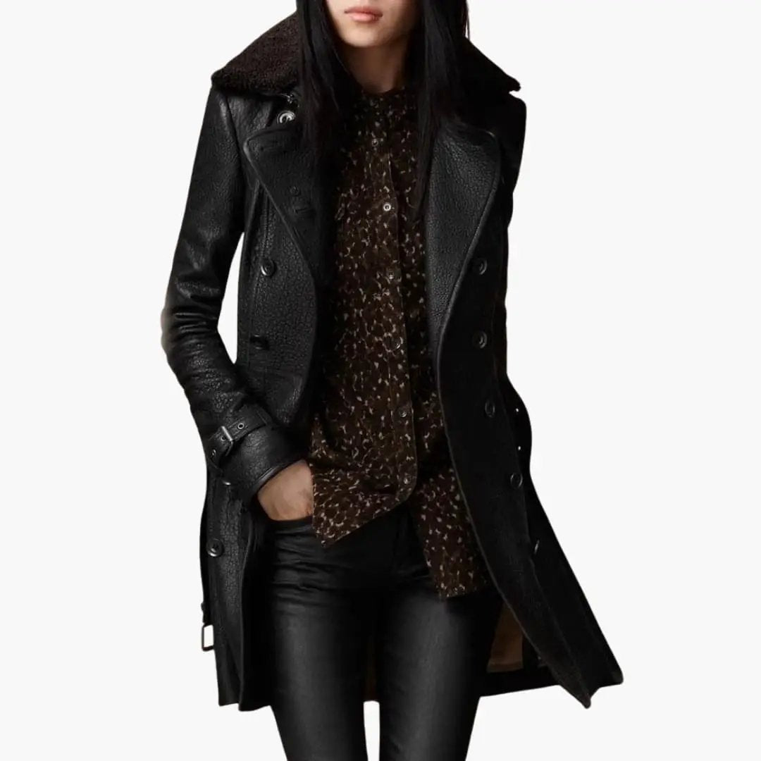Women's black leather double-breasted coat with buckle cuffs.