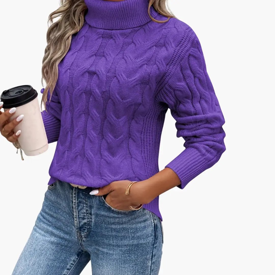 Women's purple cable-knit turtleneck sweater by Wilfred Smith
