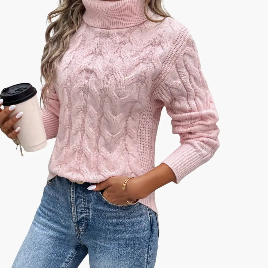 Women's pink cable-knit turtleneck sweater, cozy knit pullover