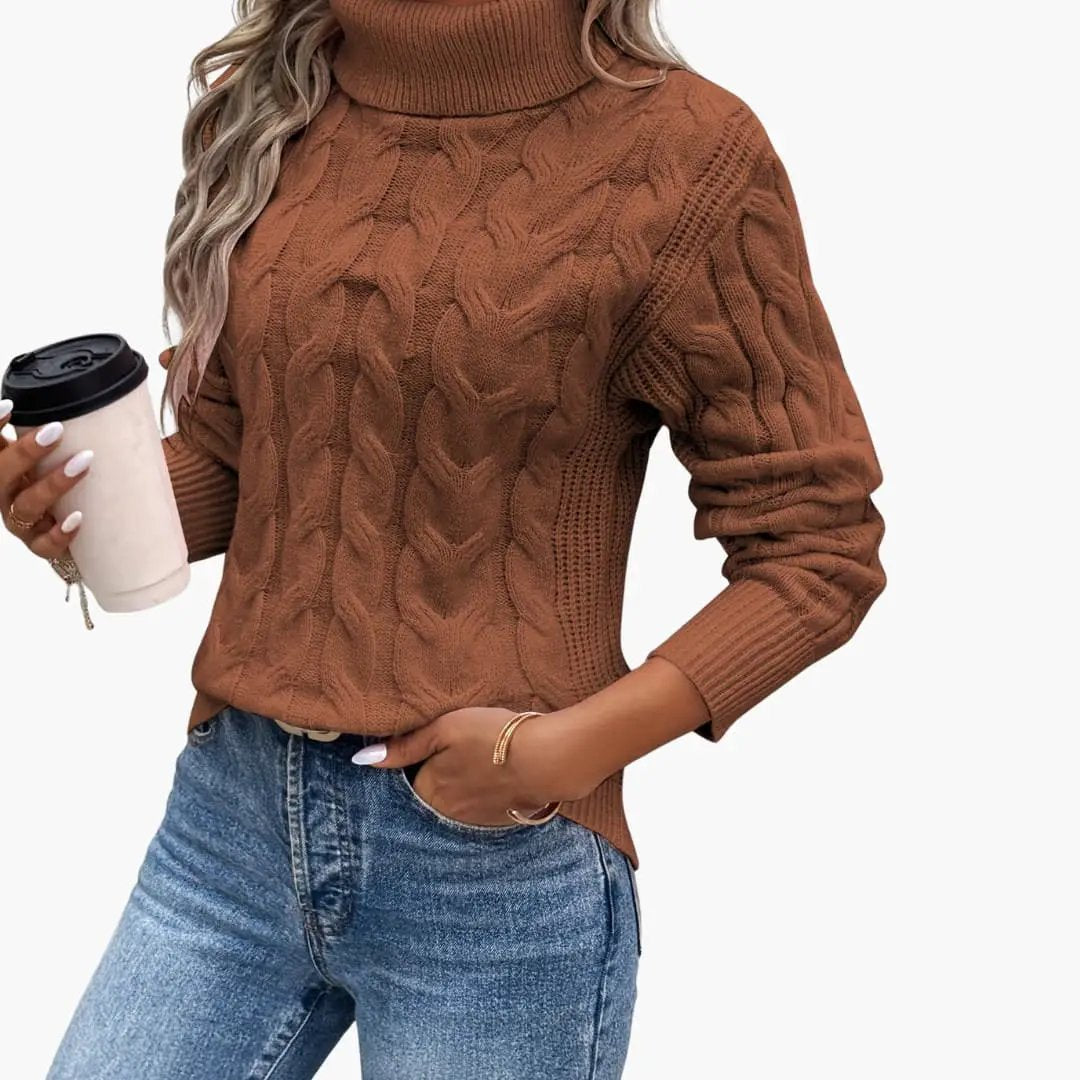 Women's brown cable-knit turtleneck sweater by Wilfred Smith