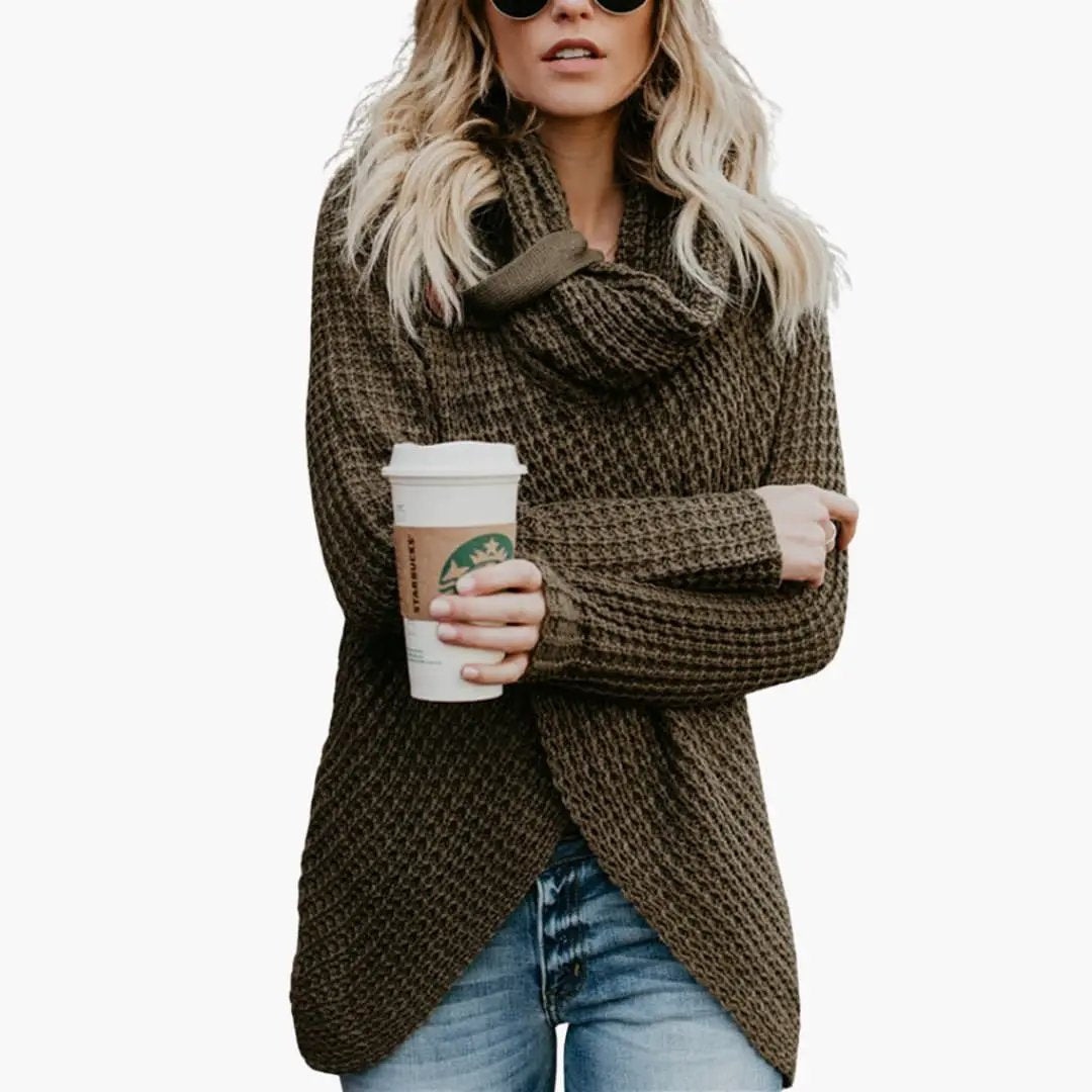 Women's brown chunky knit pullover with shawl collar and wrap-front hem