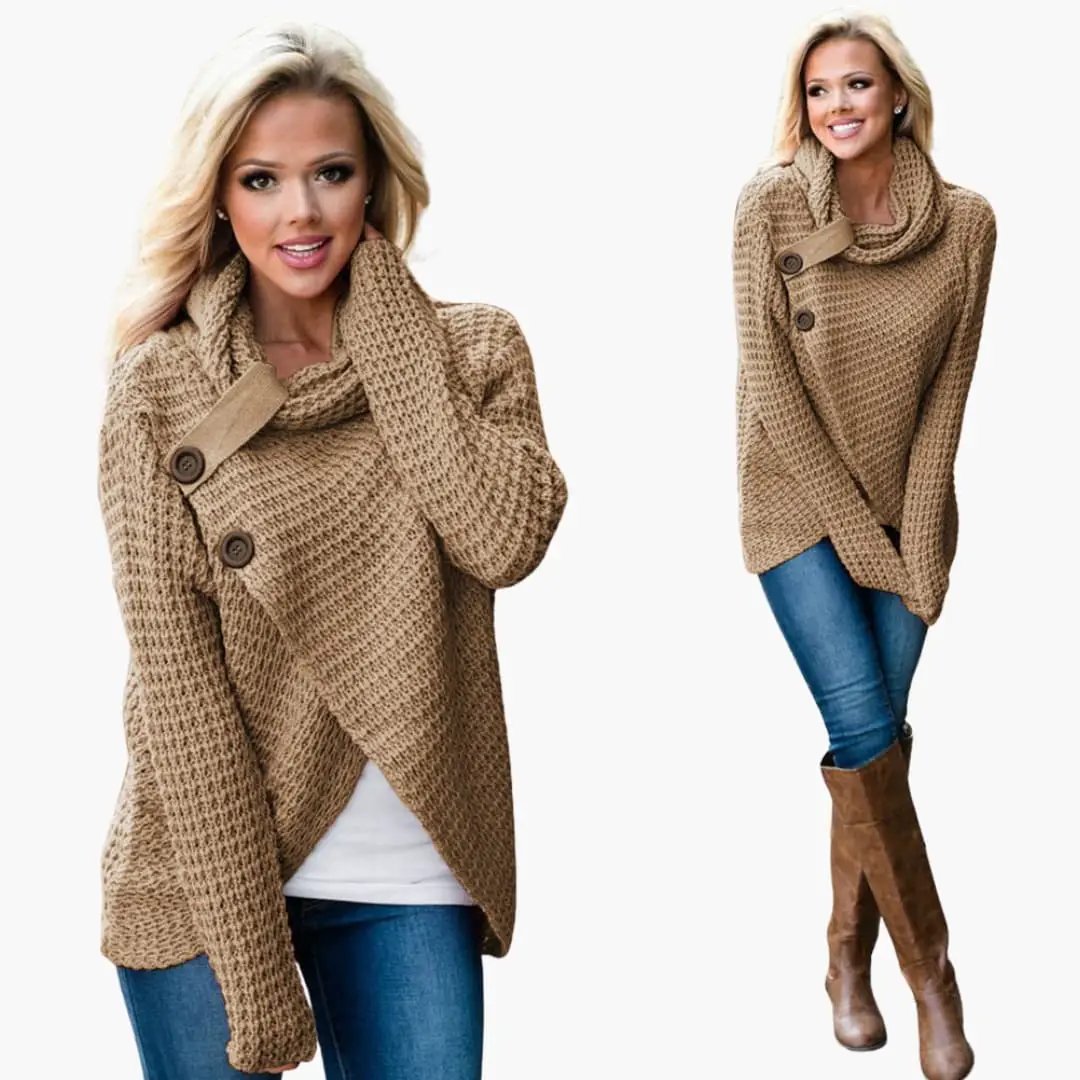 Women's beige knit sweater with shawl collar and wrap, two-button detail; Wilfred Smith, shown in 2 views.