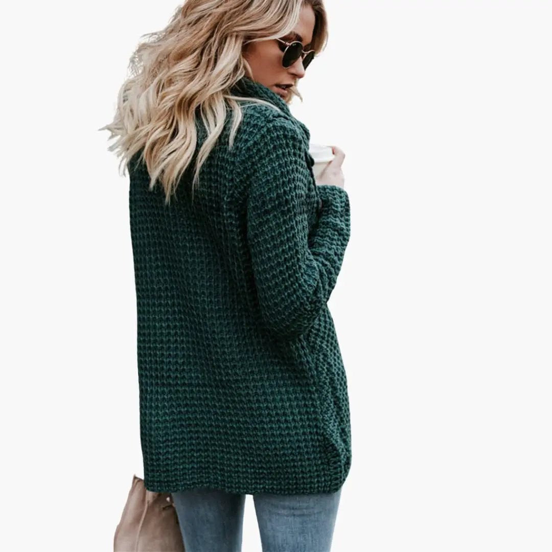 Women's Sweater with Shawl Collar in deep green chunky knit, oversized fit.