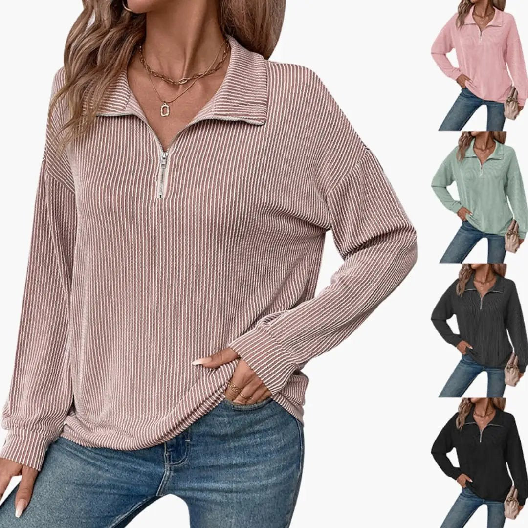 Women's striped pullover sweater with half-zip by Wilfred Smith in mauve, shown in six colors