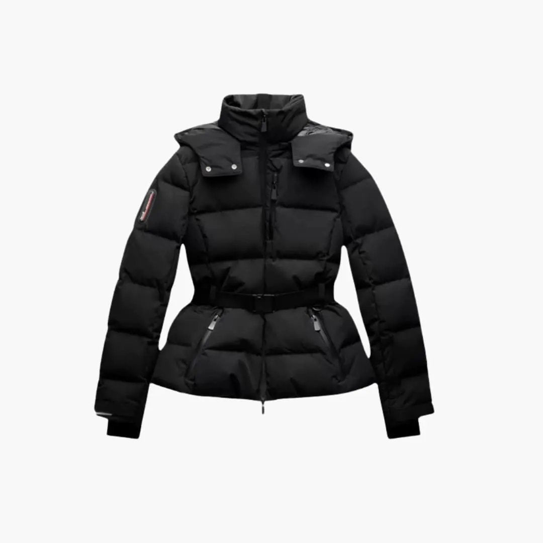 Women’s Belted Puffer Jacket, black quilted coat with high collar and full zip by Wilfred Smith