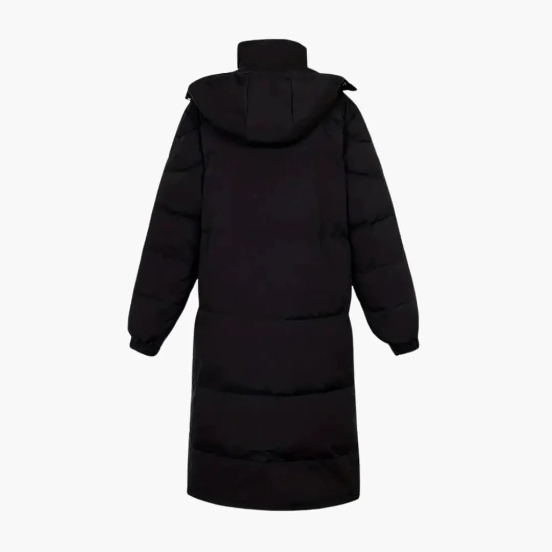 Men's long black puffer parka with hood and zip closure