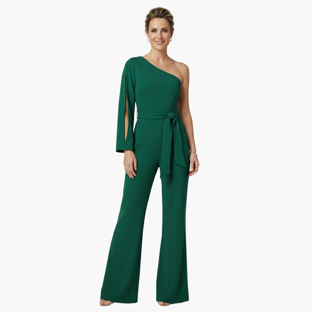 Elegant jumpsuit for women from Wilfred Smith in green with one-shoulder neckline and belt.